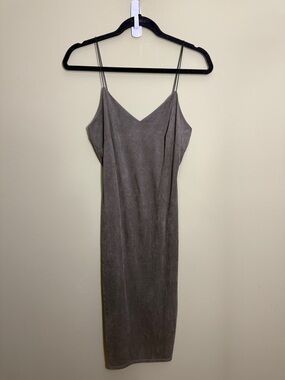 Sleeveless Suede V-Neck Midi Slip Dress in Olive